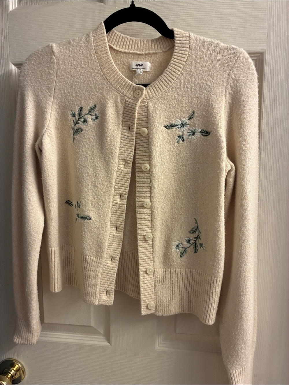 aerie Cream Cardigan with Green Floral Embroidery